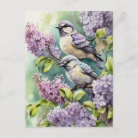 Watercolor Birds with Blooming Lilac Flowers