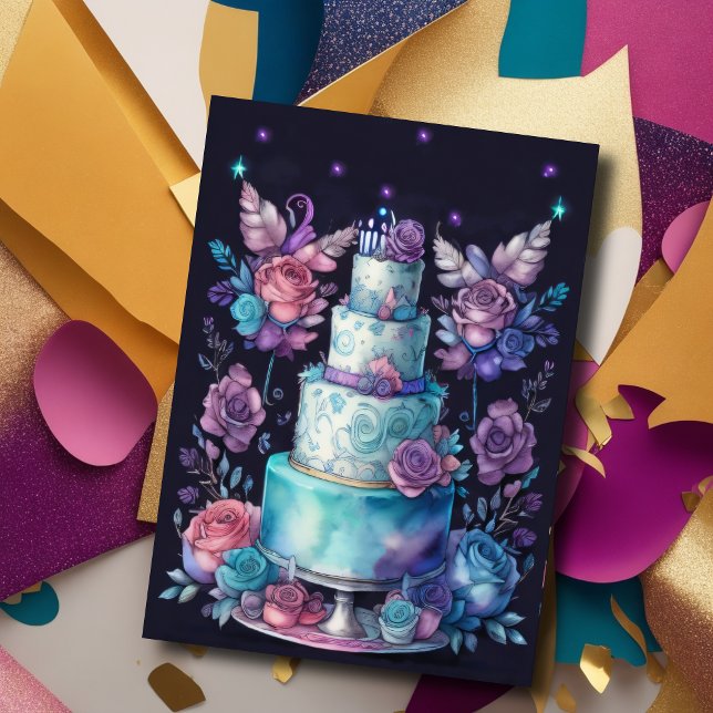Watercolor Birthday Balloons Cake Navy Blue Purple Invitation (Creator Uploaded)