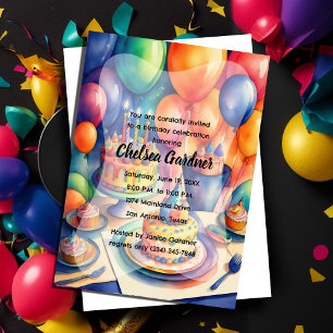 Watercolor Birthday Balloons Colourful Cakes Invitation