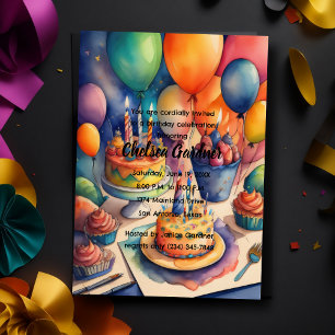 Watercolor Birthday Balloons Colourful Cakes Invitation