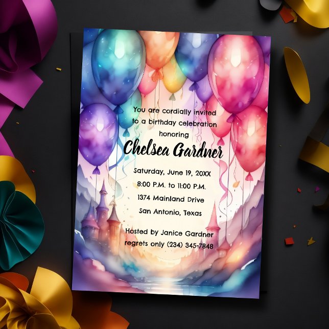 Watercolor Birthday Balloons Colourful Castle Invitation (Creator Uploaded)