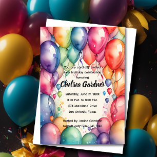 Watercolor Birthday Balloons Colourful Invitation