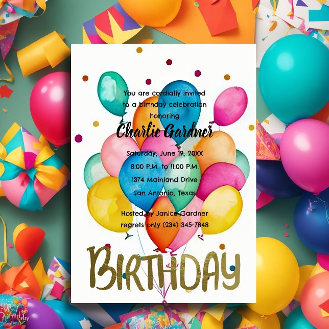 Watercolor Birthday Balloons Colourful Invitation (Creator Uploaded)
