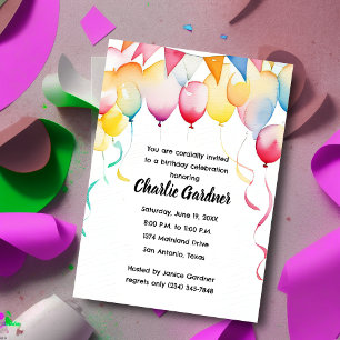 Watercolor Birthday Balloons Colourful Invitation