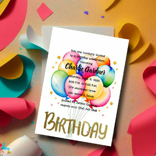 Watercolor Birthday Balloons Colourful Invitation