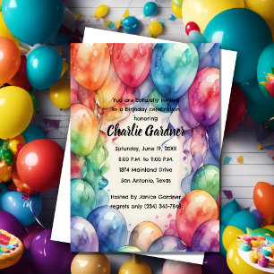 Watercolor Birthday Balloons Colourful Invitation