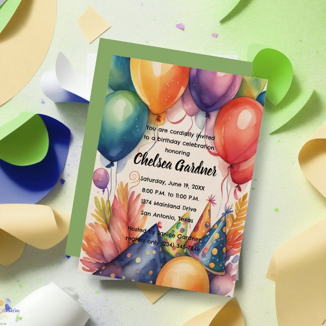Watercolor Birthday Balloons Colourful Party Hats Invitation (Creator Uploaded)