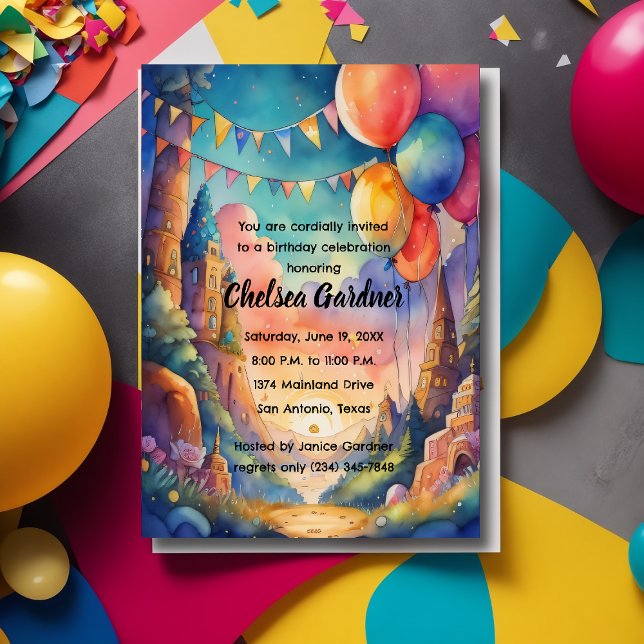 Watercolor Birthday Balloons Fantasy Landscape Invitation (Creator Uploaded)