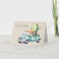 Watercolor Birthday Cacti In Retro Truck