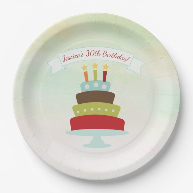 Watercolor Birthday Cake Birthday Party Paper Plate (Front)