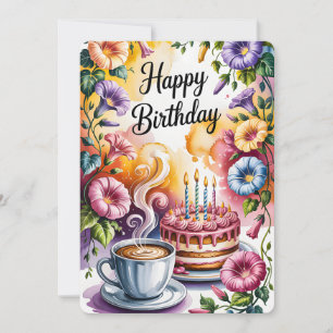 Watercolor Birthday Cake Coffee Cup Floral Floral Invitation