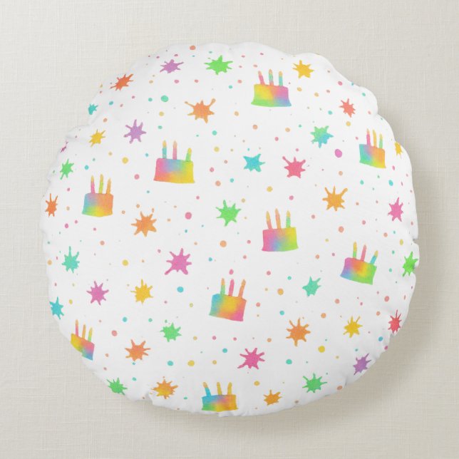 Watercolor Birthday Cake Colorful Paint Splatter Round Cushion (Front)