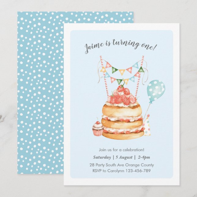 Watercolor Birthday Cake Invitation (Front/Back)