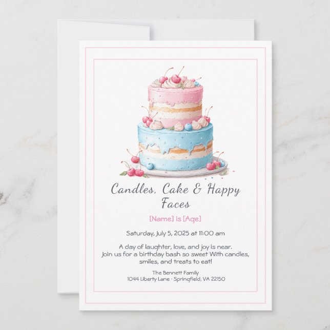 Watercolor Birthday Cake Invitation – pink blue (Front)