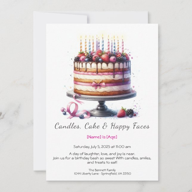 Watercolor Birthday Cake Invitation – pink blue (Front)