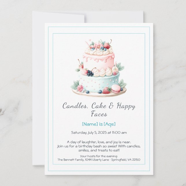 Watercolor Birthday Cake Invitation – Sweet  (Front)