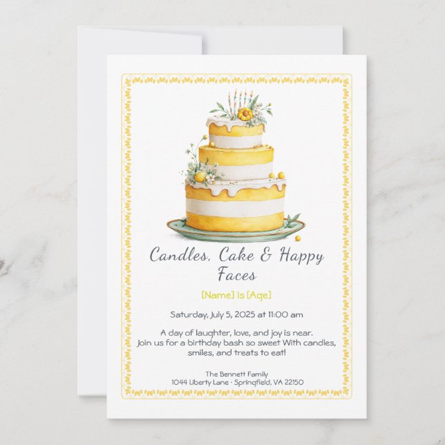 Watercolor Birthday Cake Invitation – yellow (Front)