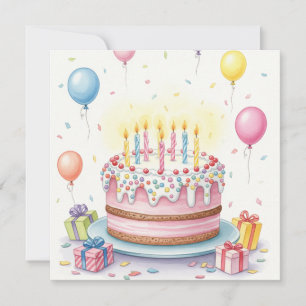 Watercolor Birthday Cake with Candles and Balloons Card