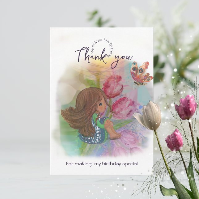 Watercolor Birthday Girl Butterfly  Thank You Card (Watercolor Birthday Girl Butterfly Thank You Card)