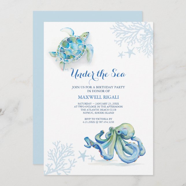 Watercolor Birthday Invitation Under The Sea (Front/Back)