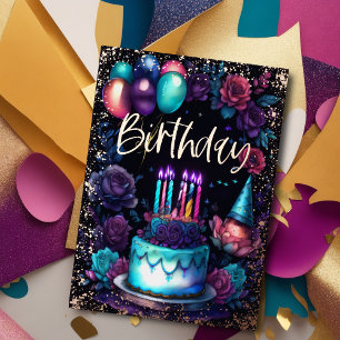 Watercolor Birthday Navy Blue Purple Turquoise 