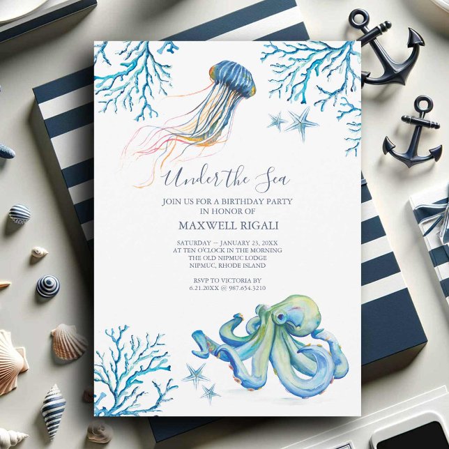 Watercolor Birthday Party Invitation Under The Sea (Under the sea birthday party invitations with watercolor ocean creatures art by Victoria Grigaliunas)