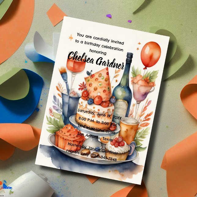 Watercolor Birthday Wine Cake Food Invitation (Creator Uploaded)