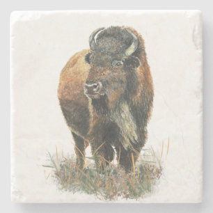 Watercolor Bison Buffalo Animal Nature Art Stone Coaster