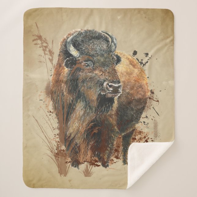 Watercolor Bison Buffalo Animal Wildlife Nature Ca Sherpa Blanket (Front)