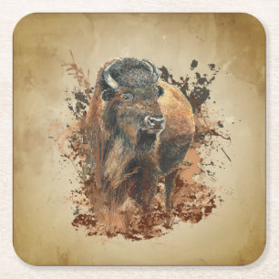 Watercolor Bison Buffalo Animal Wildlife Nature Square Paper Coaster
