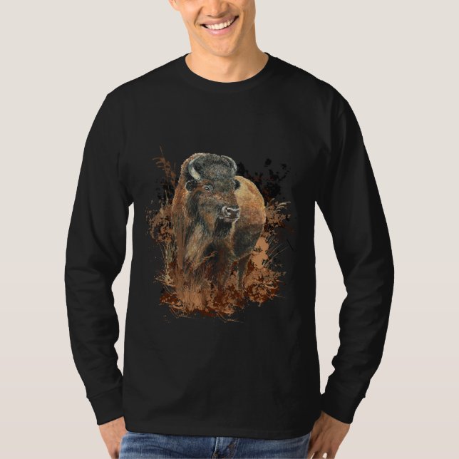 Watercolor Bison Buffalo Animal Wildlife Nature T- T-Shirt (Front)