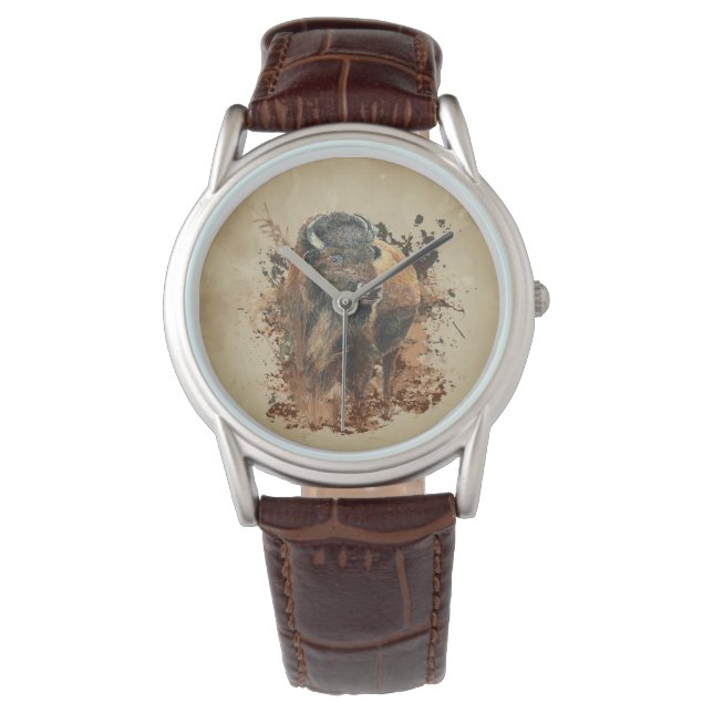 Watercolor Bison Buffalo Animal Wildlife Nature Wa Watch (Front)