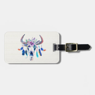 Watercolor Bison Head Skull And Flowers Luggage Tag
