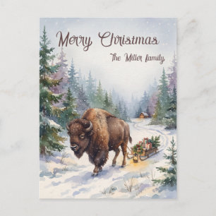 Watercolor Bison Sled Woodland Christmas Custom Holiday Postcard