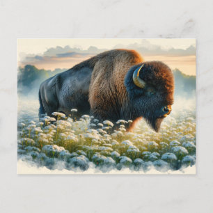 Watercolor Bison White Wildflowers Postcard