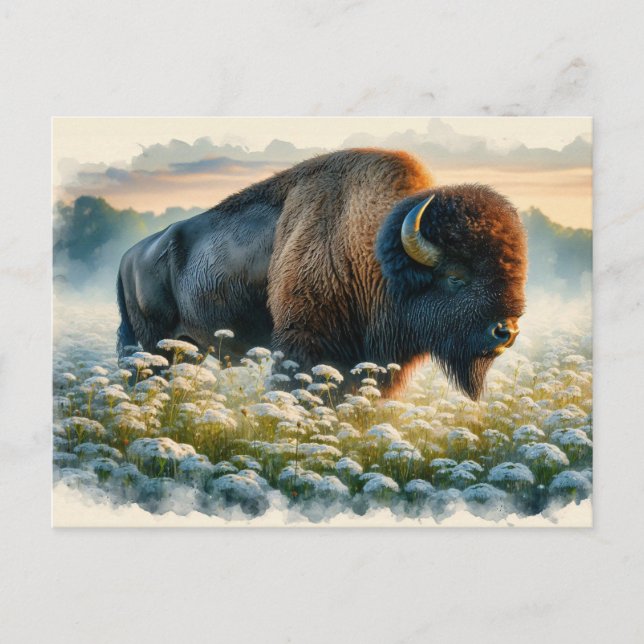 Watercolor Bison White Wildflowers Postcard (Front)
