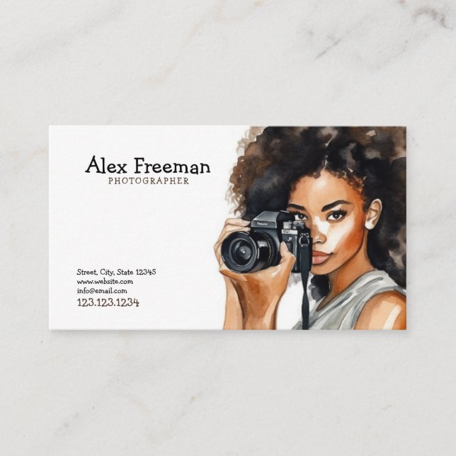 Watercolor Black and Brown Woman Photographer Business Card (Front)