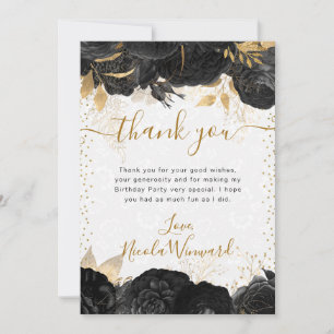 Watercolor Black and Gold Flowers Birthday Thank You Card