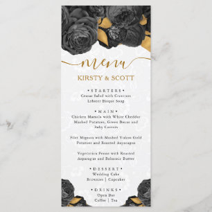 Watercolor Black and Gold Flowers Wedding Menu