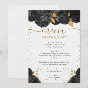 Watercolor Black and Gold Flowers Wedding Menu