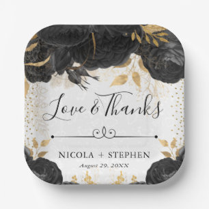 Watercolor Black and Gold Flowers Wedding Paper Plate
