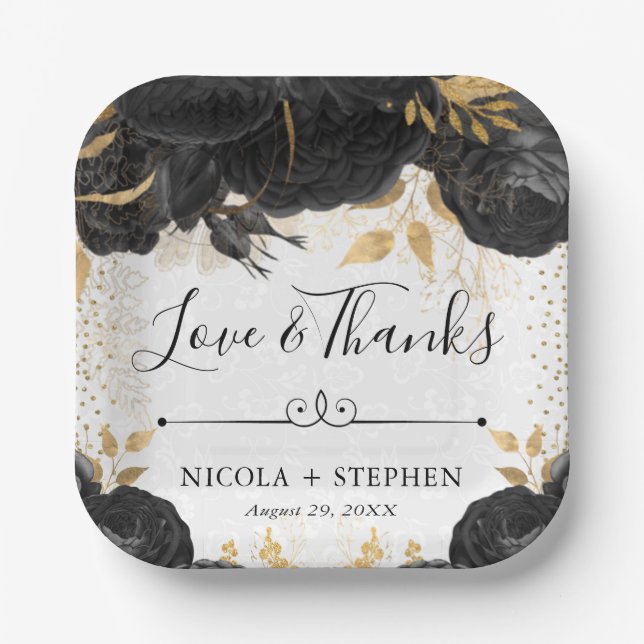 Watercolor Black and Gold Flowers Wedding Paper Plate (Front)