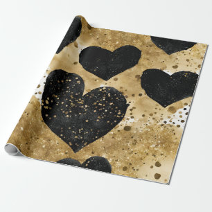 Watercolor Black and Gold Ink Valentines Hearts Wrapping Paper