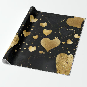 Watercolor Black and Gold Ink Valentines Hearts Wrapping Paper