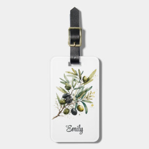 Watercolor black and green olives on a branch luggage tag
