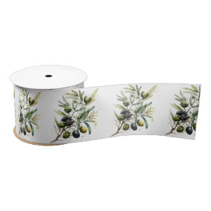 Watercolor black and green olives on a branch satin ribbon