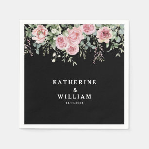 Watercolor black and pink floral wedding napkin