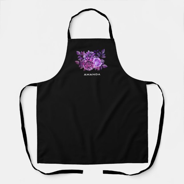 Watercolor black and purple floral botanical apron (Front)
