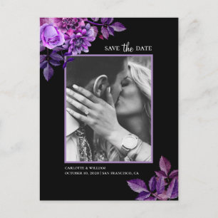 Watercolor black and purple floral Save the Date Postcard
