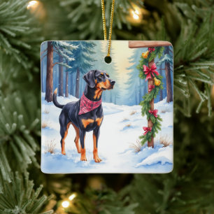 Watercolor Black and Tan Coonhound Forest Trail Ceramic Ornament